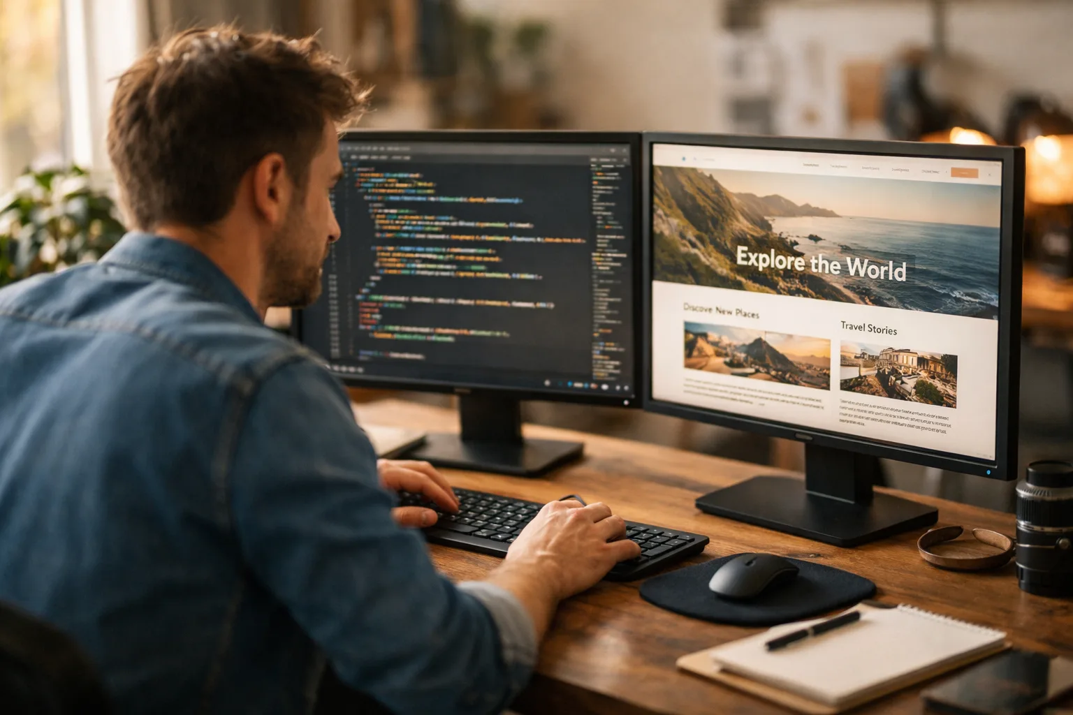Web designer working at a modern desk with dual monitors showing website design